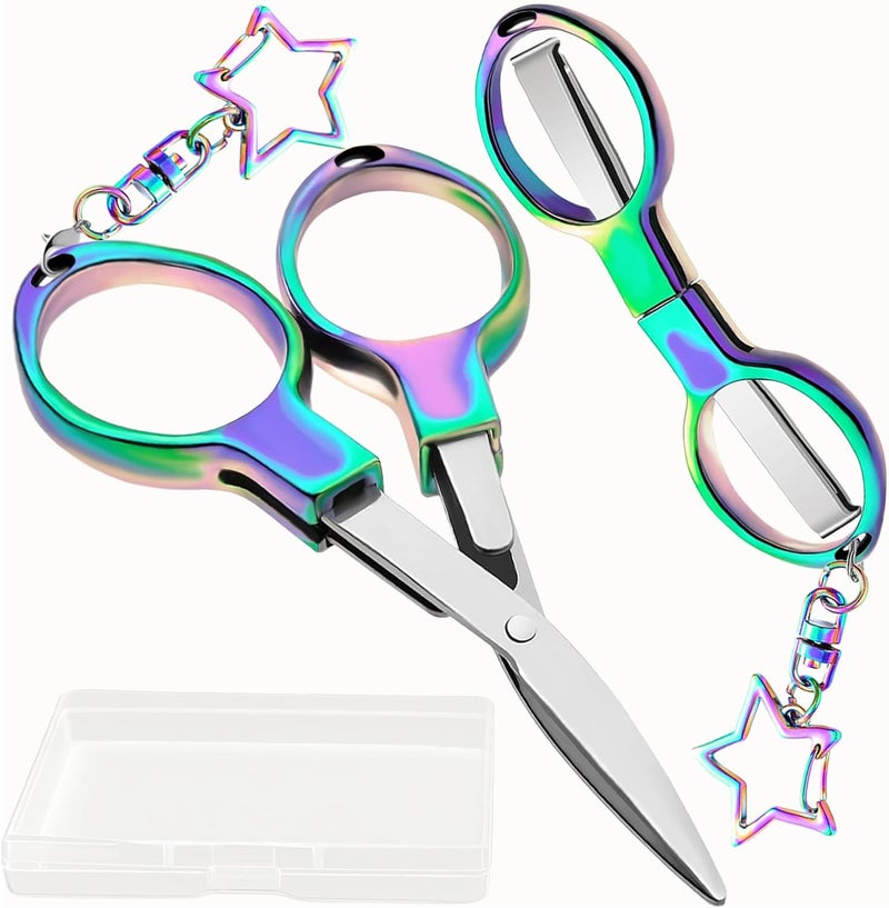 Tasttin 2Pcs Mini Folding Scissors, Portable Stainless Steel Safety Scissors with Star Charm Keychain for Office, Craft, Travel, Sewing & School Supplies - Image 1